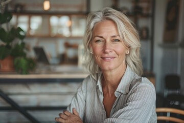 Obraz premium A sophisticated blond businesswoman poses with her arms crossed in a bright, stylish café setting