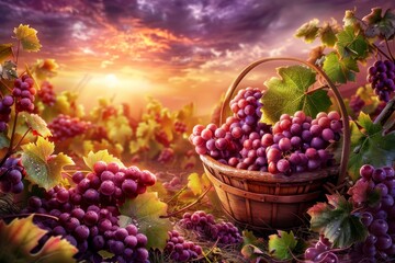 Twilight in a tranquil vineyard  lush rows of colorful grapes ready for harvest in a rustic basket