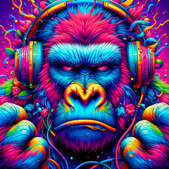 Digital art vibrant colorful cool gorilla wearing headphones vibin to music - obrazy, fototapety, plakaty