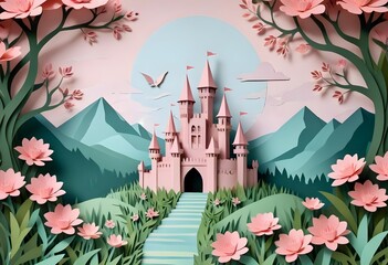 Castle with frame of flowers paper cut style beautiful background  - obrazy, fototapety, plakaty