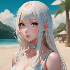 A picture of a young woman with white hair, long hair, albino skin, and smooth, fine skin. The face looks like a cute doll, wearing a bikini, fit body, face slightly tilted to the side. - obrazy, fototapety, plakaty