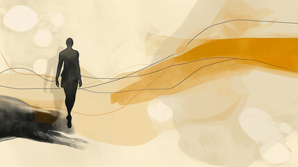Man Walking Towards Sunlight: Minimalist Silhouette with Abstract Background. - obrazy, fototapety, plakaty