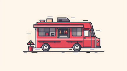 Modern Red Food Truck: Flat Design with Casual Street Food Service - obrazy, fototapety, plakaty