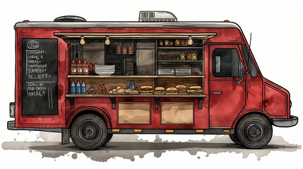 Vintage Red Food Truck: Detailed Interior with Gourmet Street Food Menu - obrazy, fototapety, plakaty
