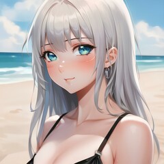 A picture of a young woman with white hair, long hair, albino skin, and smooth, fine skin. The face looks like a cute doll, wearing a bikini, fit body, face slightly tilted to the side. - obrazy, fototapety, plakaty