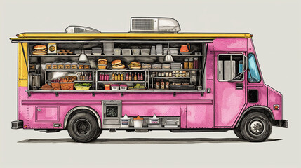 Bright Pink Gourmet Food Truck: Detailed Interior with Diverse Menu Options - obrazy, fototapety, plakaty