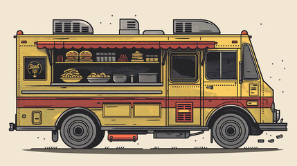 Vintage Yellow Food Truck Illustration: Gourmet Street Food Concept with Retro Design - obrazy, fototapety, plakaty