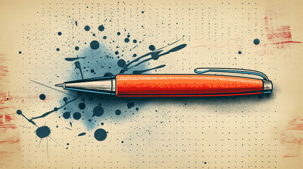 Creative Red Pen with Dynamic Ink Splatter: Artistic Writing and Design Concept. - obrazy, fototapety, plakaty
