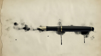 Elegant Black Fountain Pen with Ink Splatter: Creative Writing Concept - obrazy, fototapety, plakaty