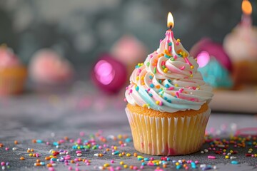 Delicious Birthday cupcake. Party candle teal. Generate Ai