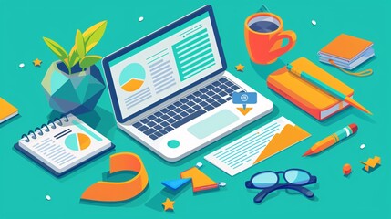 Vibrant Isometric Illustration of Modern Workspace with Laptop, Office Supplies, and Coffee Cup
 - obrazy, fototapety, plakaty
