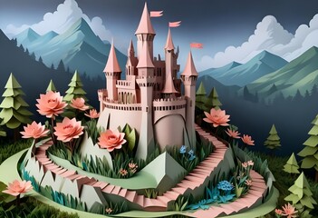 Castle with frame of flowers paper cut style beautiful background  - obrazy, fototapety, plakaty