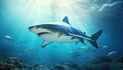 Obraz premium The great White Shark in the ocean, portrait of White shark hunting prey in the underwater