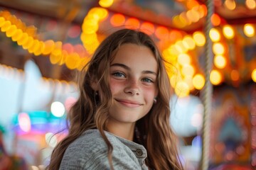 Obraz premium A joyful young girl with a playful smile against a colorful background of carnival lights