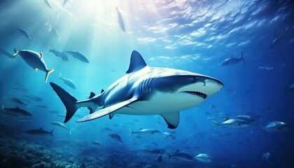 Fototapeta premium The great White Shark in the ocean, portrait of White shark hunting prey in the underwater