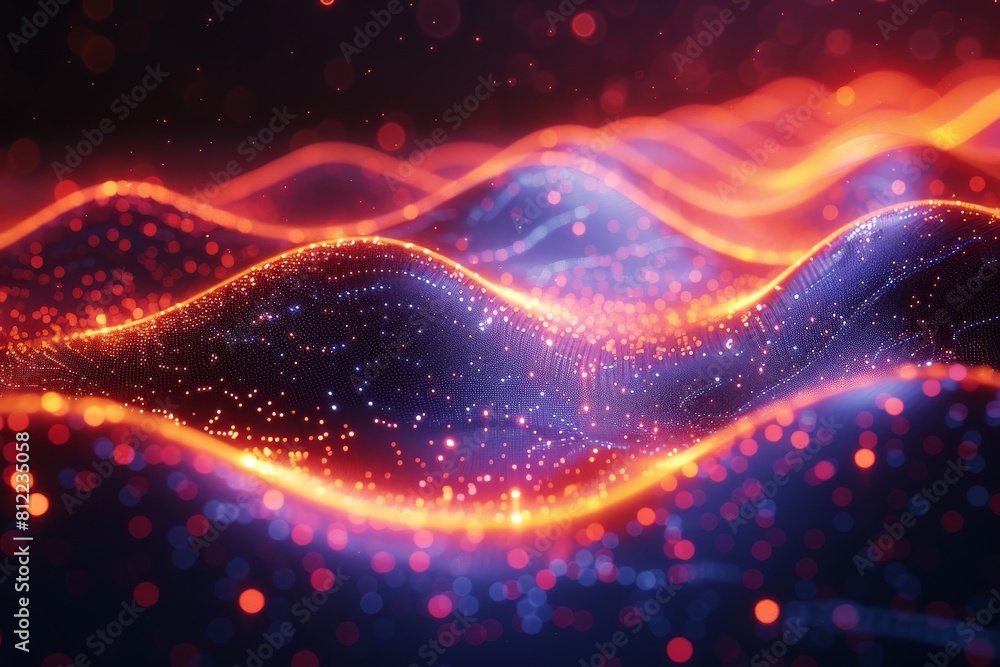 Poster vibrant abstract image showcasing a dynamic wave of particles with sparkling effects against a dark 