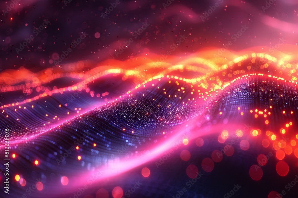 Poster this image illustrates a digital wave pattern with radiant light particles and a smooth gradient of 