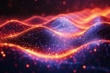 Vibrant abstract image showcasing a dynamic wave of particles with sparkling effects against a dark background