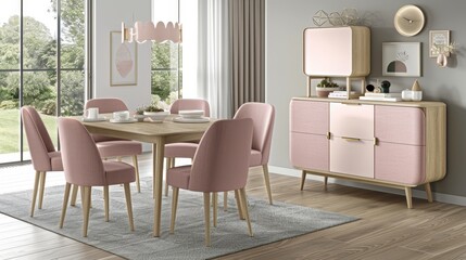 Chic scandinavian dining space featuring wooden table and soft pastel colored chairs