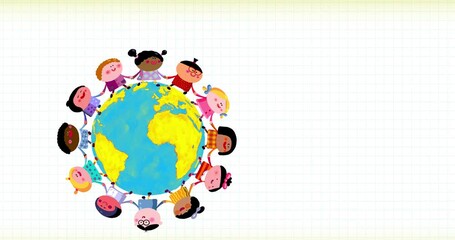 Children of different nations dancing on earth globe grid version. Different skin color. Happy playing in a circle holding their hands and walking. World Universal Children day or Earth Day.