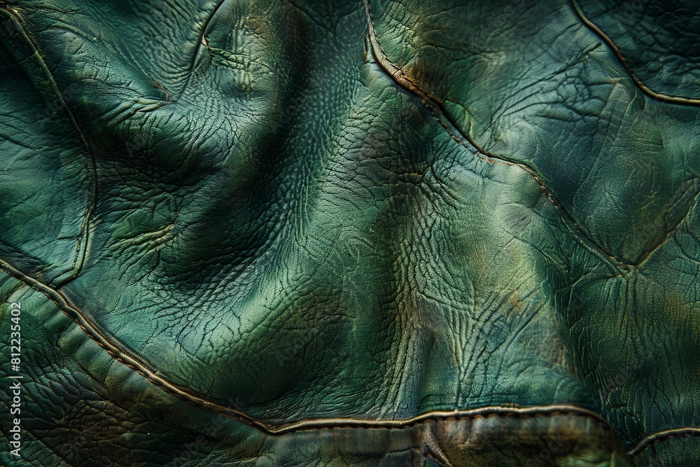 Poster close up of an intricate green leather texture with natural patterns and stitching