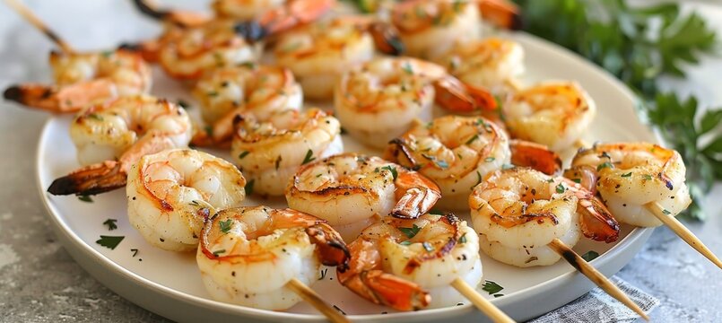Exquisite display of succulent grilled shrimp on an elegant and pristine white plate