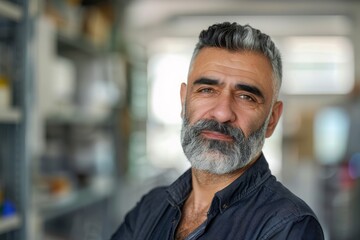 Obraz premium Confident man with grey beard and mustache standing in a contemporary setting looking directly at the camera
