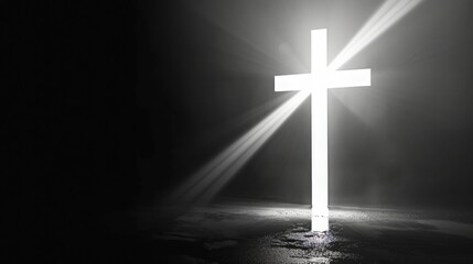Fototapeta premium bright white shining cross, black background,, copy and text space, 16:9