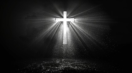 bright white shining cross, black background,, copy and text space, 16:9