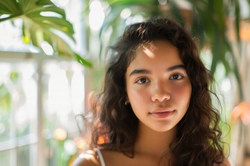 Fototapeta premium Expressive young girl's portrait with sun-kissed hair and a thoughtful gaze, amidst a background of greenery