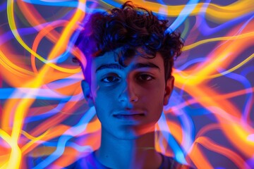Obraz premium Artistic image of a young man with curly hair surrounded by vibrant neon lights in dark ambiance