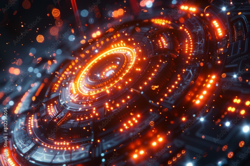 Poster intricate close-up of a futuristic circular circuit board design with glowing orange lights and abst