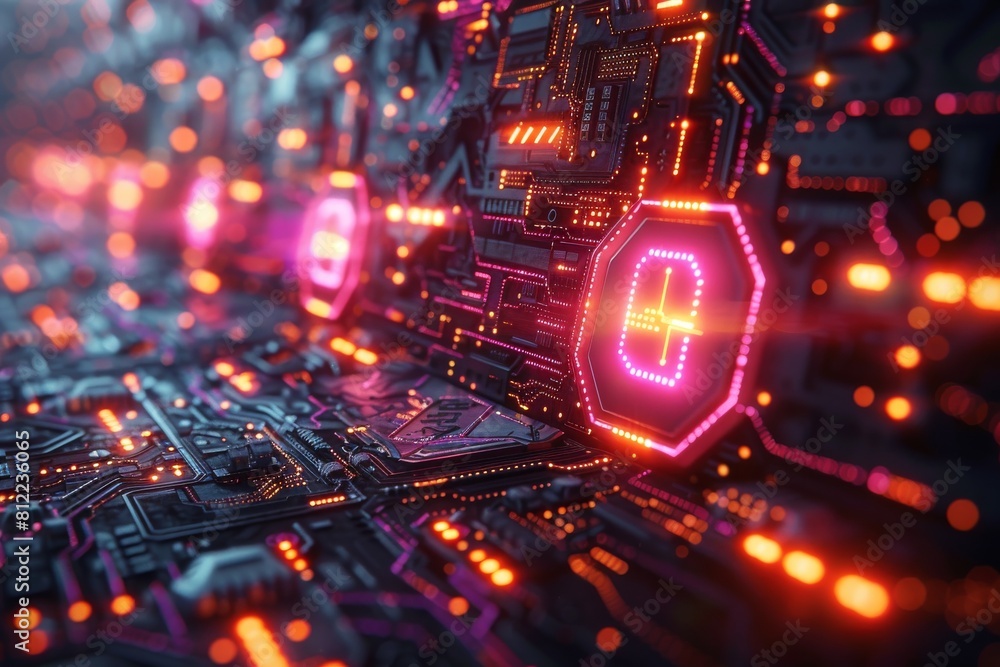 Poster a close-up of a circuit board with illuminating pathways and a central glowing lock symbol suggestin