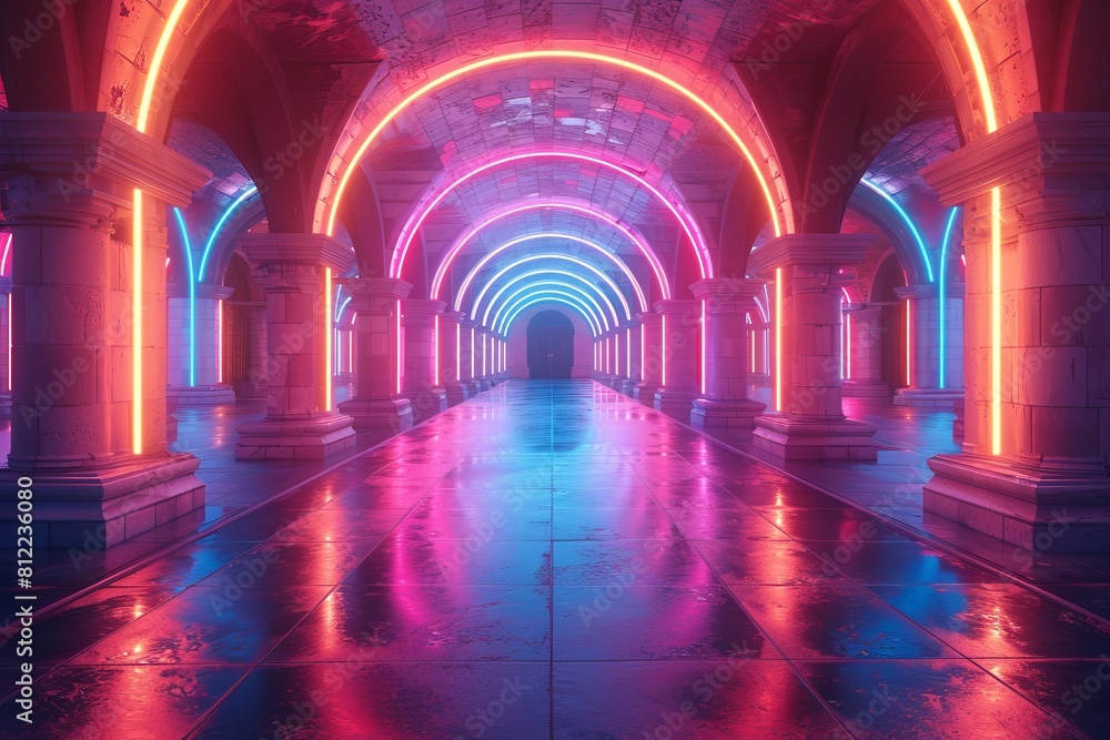 Poster a perspective view of a neon-lit corridor with colorful lights on arches creating a sense of depth a