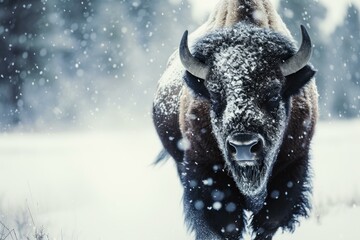Majestic Bison snow winter forest. Animal park. Generate Ai