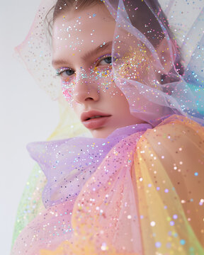 Close Up Portrait of A Woman Wearing Pastel Tulle Layer Dress with Confetti and Face Veil, Glitter Makeup, Fashion Editorial Photography on White Background, Minimal Stylish White Caucasian Model.