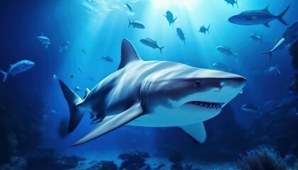 Fototapeta premium The great White Shark in the ocean, portrait of White shark hunting prey in the underwater
