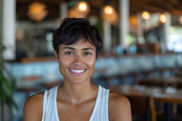 Smiling woman with short dark hair and a white top, radiates happiness and simplicity
