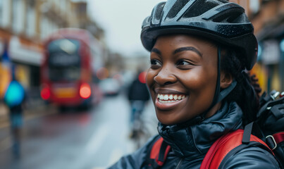 Happy african american black woman cycling to work in London. Modern city woman exercising on bike....