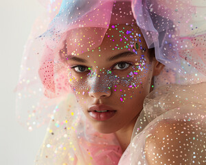 Close Up Portrait of A Woman Wearing Pastel Tulle Layer Dress with Confetti and Cape Veil, Glitter Makeup, Fashion Editorial Photography on White Background, Minimal Stylish Black African Model.
