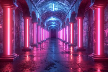 A digital artwork that captures a corridor with glowing neon lights and Roman-style columns, with a touch of mystery