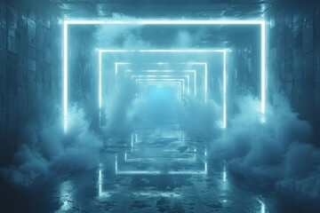Captivating image of a fog-filled scene framed by a rectangular neon blue light, evoking a chilling yet inviting aura