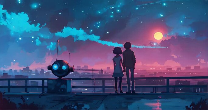 Futuristic intimacy: Human and robot couple stargaze on rooftop, sharing a sublime moment. Automation love