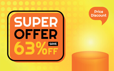 Super Offer Product Template - 63% off Creative Advertising Banner, Orange, Yellow, Black, White, Polka Dots Background, Speech Bubble for Price