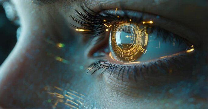AI robot eye close-up, reflecting data patterns and analytics, showcasing AI's attention to detail. Data Analytics in AI