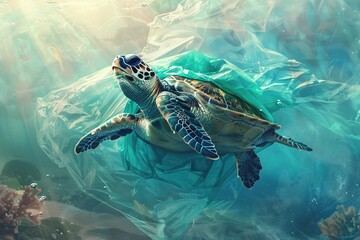 Fototapeta premium Turtle and plastic trash