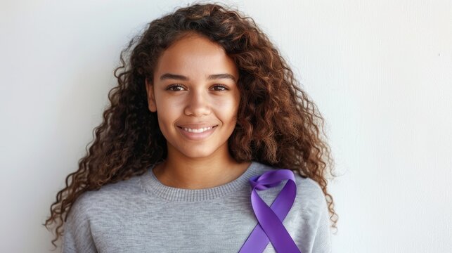 A young woman proudly holds a purple ribbon symbolizing Pancreatic cancer Epilepsy awareness World Lupus Day and World Cancer Day against a serene white backdrop on National Epilepsy and Al