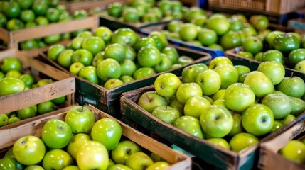Fresh ripe organic apples in wooden crates at warehouse with blurred background, space for text
