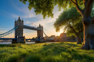 London, UK: The iconic Tower Bridge at first light, surrounded by greenery, trees, blue skies, and...