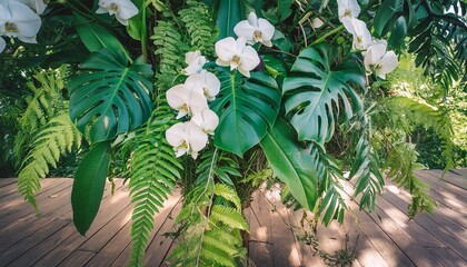 tropical vibes plant bush floral arrangement with tropical leaves monstera and fern and vanda...